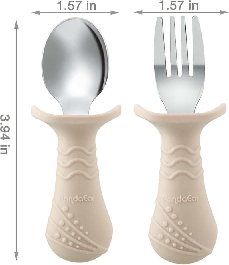 PandaEar Baby Toddler Fork and Spoon Utensil Set, 6 Pack Silicone Stainless Steel Silverware Spoon Fork for Babies Toddler, BPA Free with Silicone Holding Anti-Choke Design (Light Tan&Walnut&Grey) - Image 4